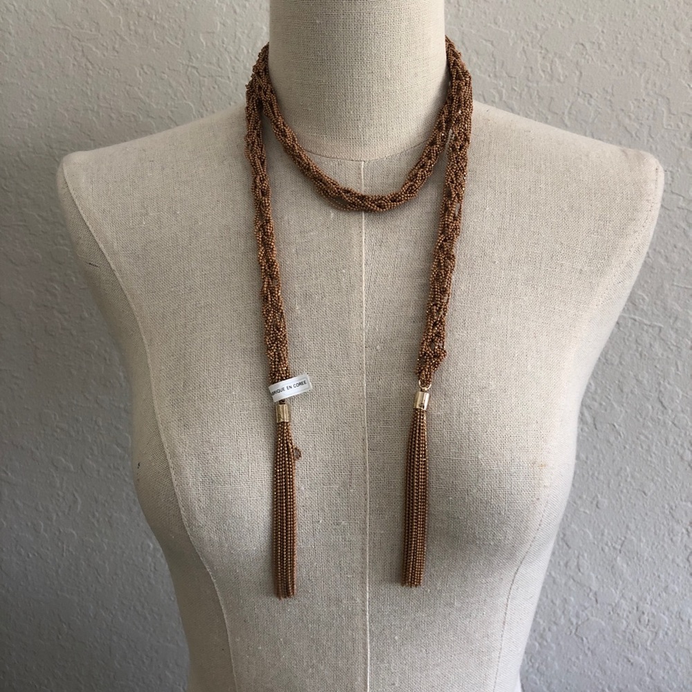 NWT Anthropologie Rose Gold Beaded Mesh Scarf Necklace Lariat Style